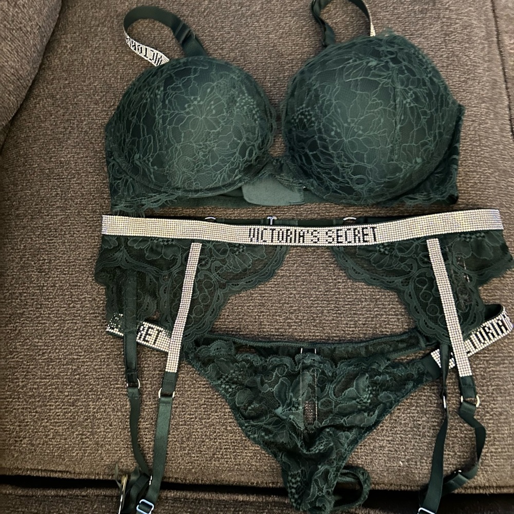 Victoria’s Secret bling Very Sexy 38D bra garter M/L and thong XL NWOT NEW